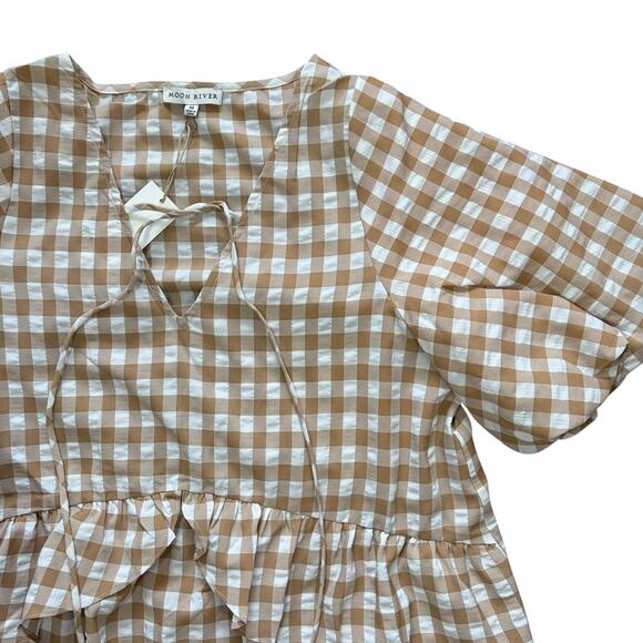 Moon River Gingham Plaid Dress M Tan Puff Sleeve Ruffle Prairie Cottagecore NWT - Picture 3 of 8
